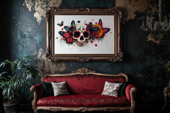 Day Of The Dead Sugar Skull With Butterflies Floral Art Poster