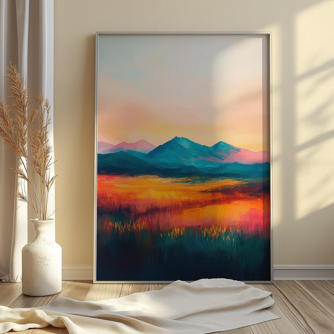Serene Sunset Teal Mountains Glowing Orange Field Pastel Sky Calm Landscape Poster - Image 4