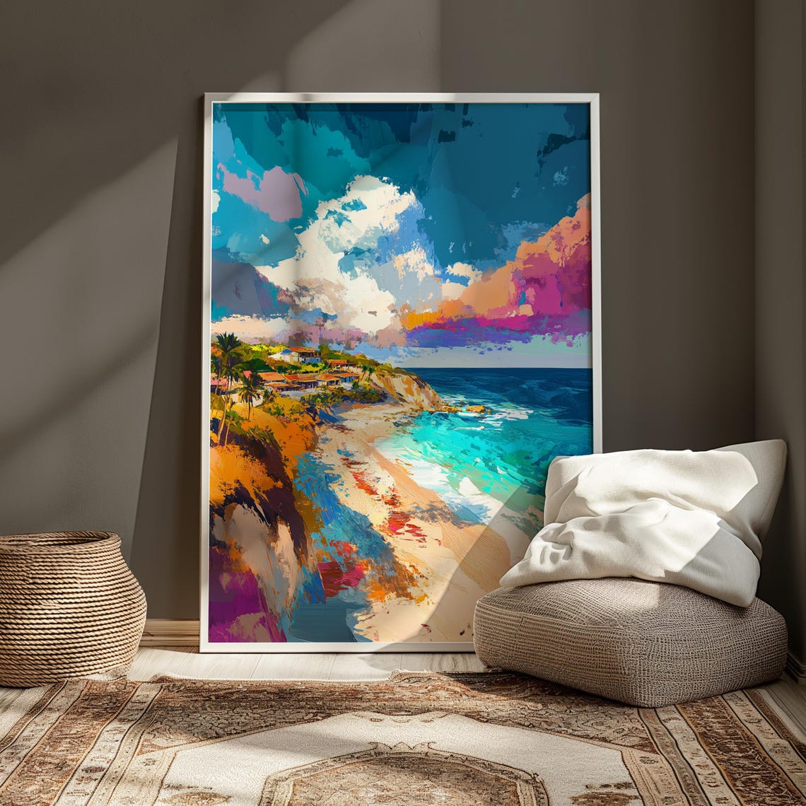 Cliffside Beach Town Turquoise Ocean Sunset Colorful Art Print - Image 4