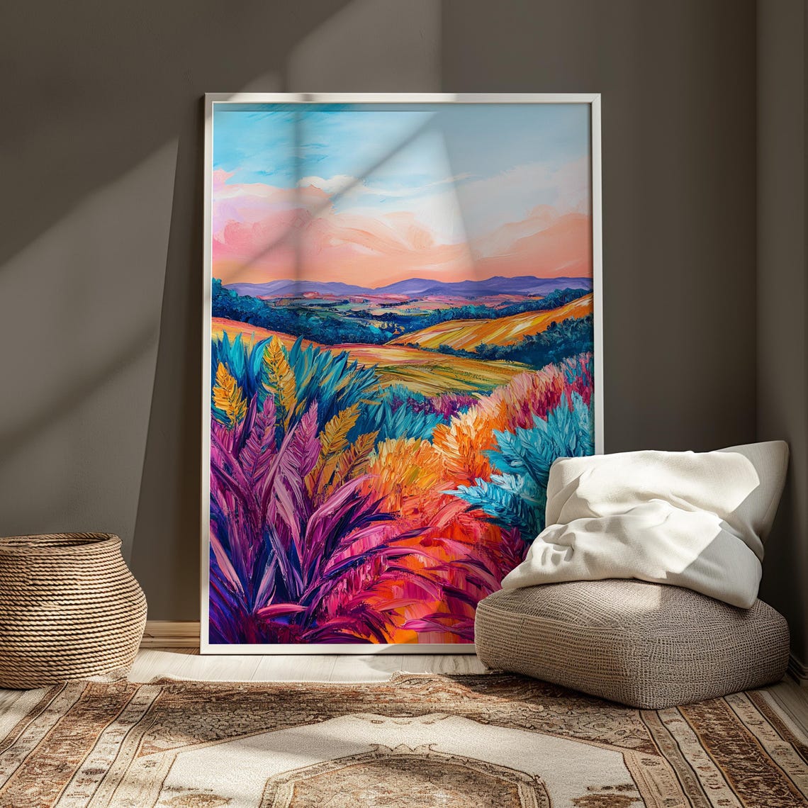 Colorful Rolling Hills Sunset Meadow Pink Sky Landscape Art Print - Image 3