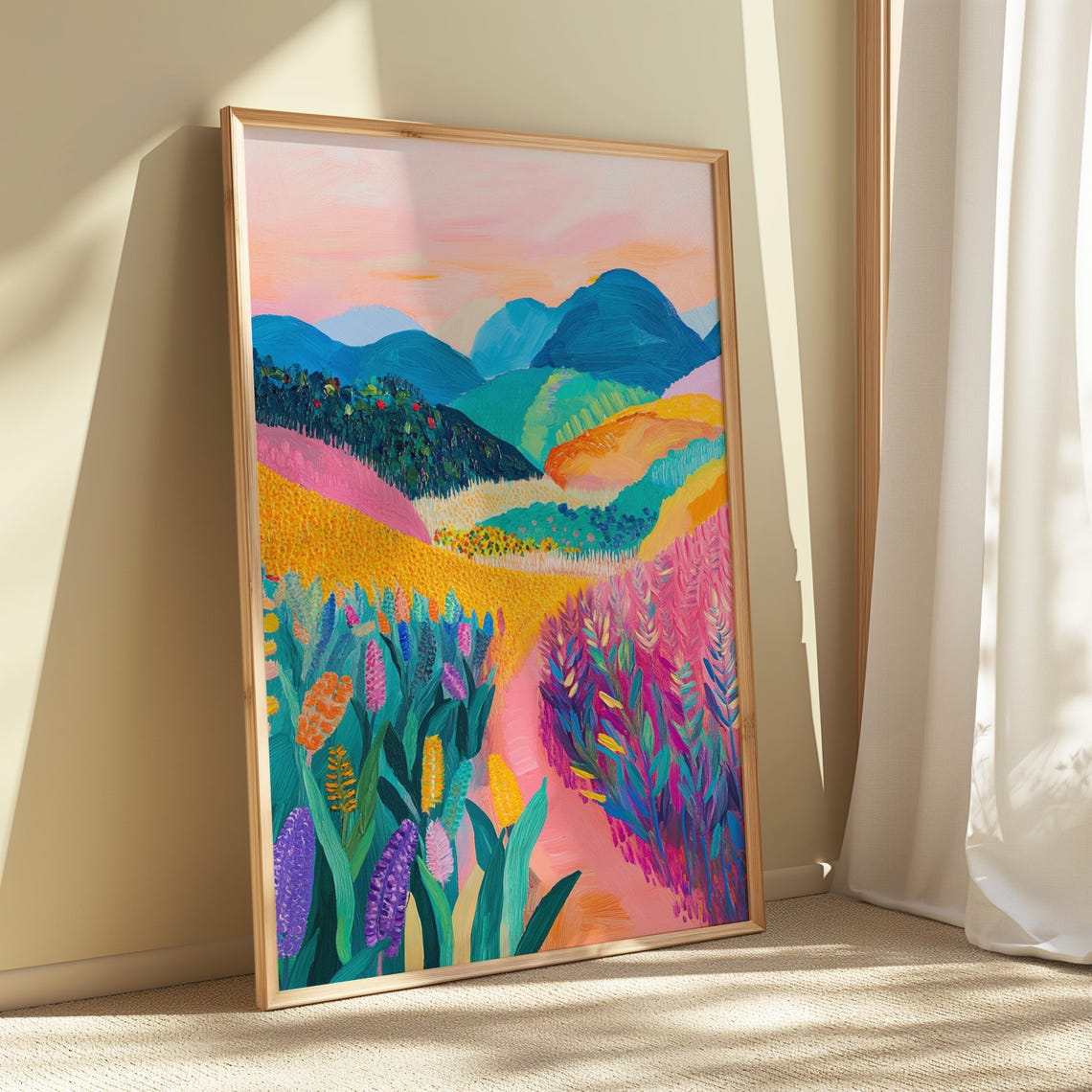 Pastel Pink Countryside Valley Teal Hills Soft Meadow Art Print - Image 5