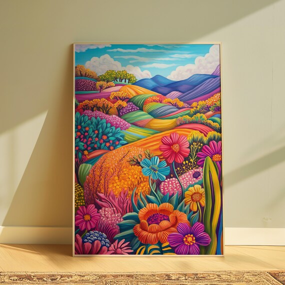 Folk Art Flower Garden Rainbow Hills Colorful Botanical Print