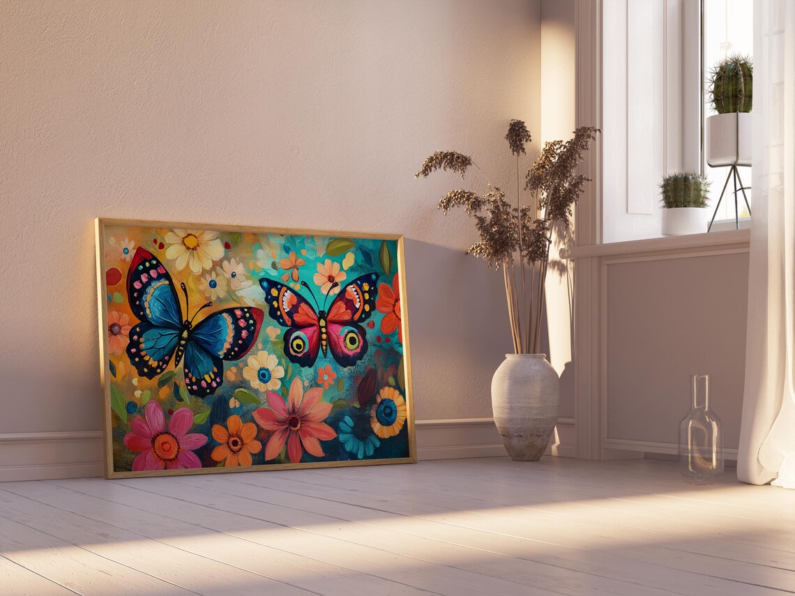 Blue And Pink Butterflies With Eye Spots Colorful Flowers Poster - Image 2