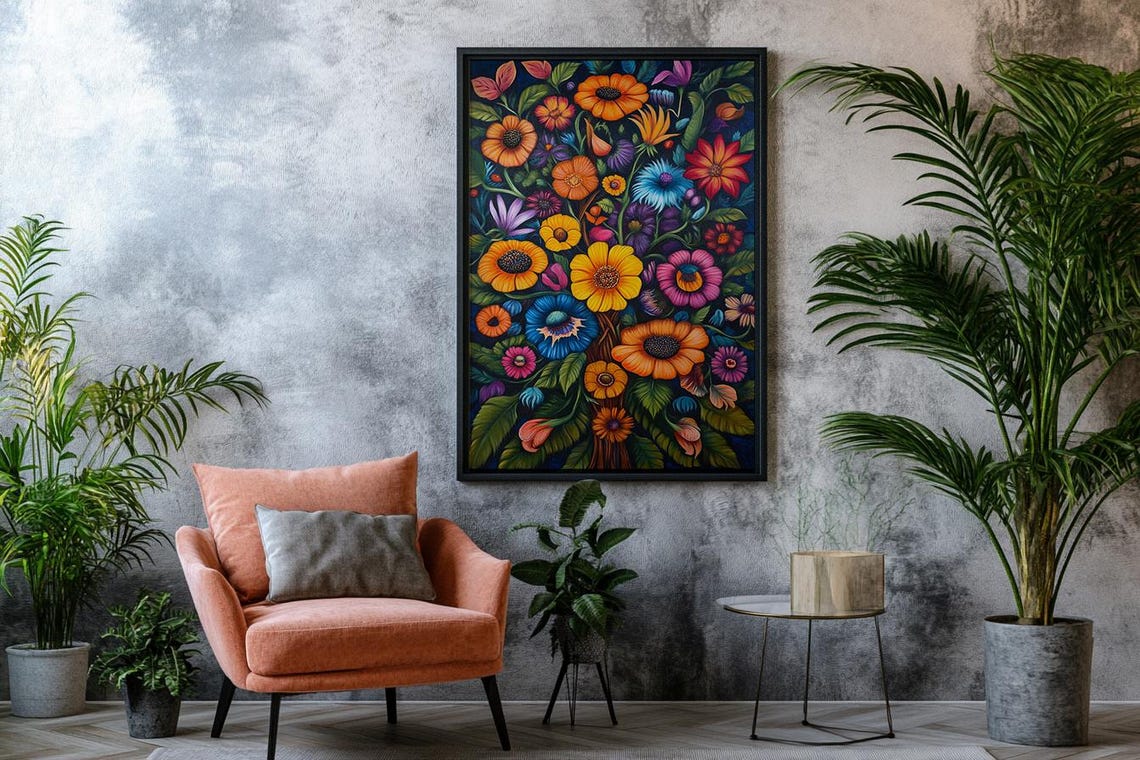 Colorful Folk Art Flowers on Dark Background Botanical Poster - Image 2