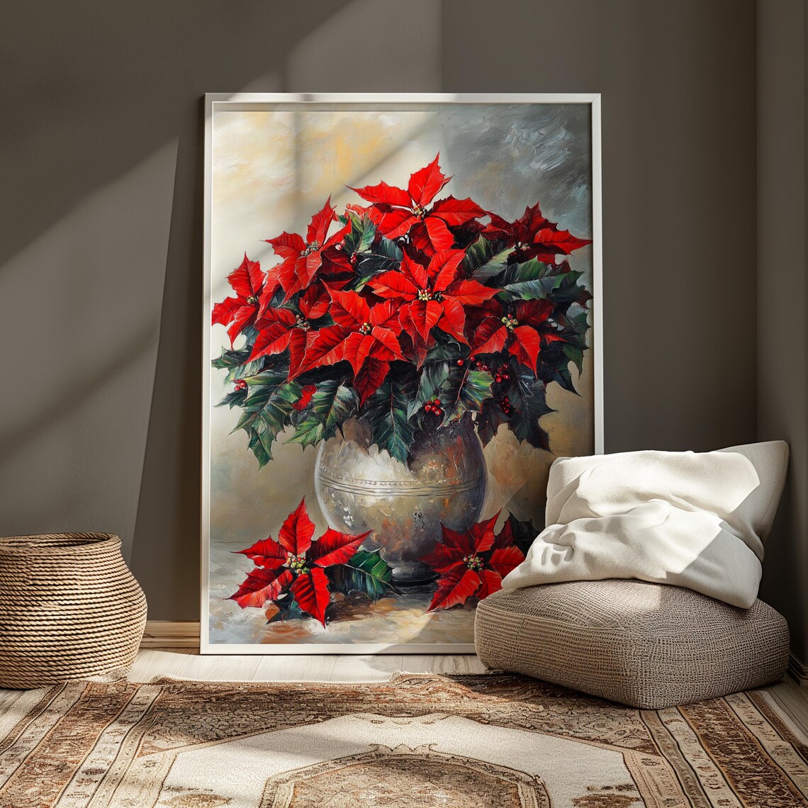 Red Poinsettia Bouquet Silver Vase Elegant Christmas Still Life Poster - Image 4