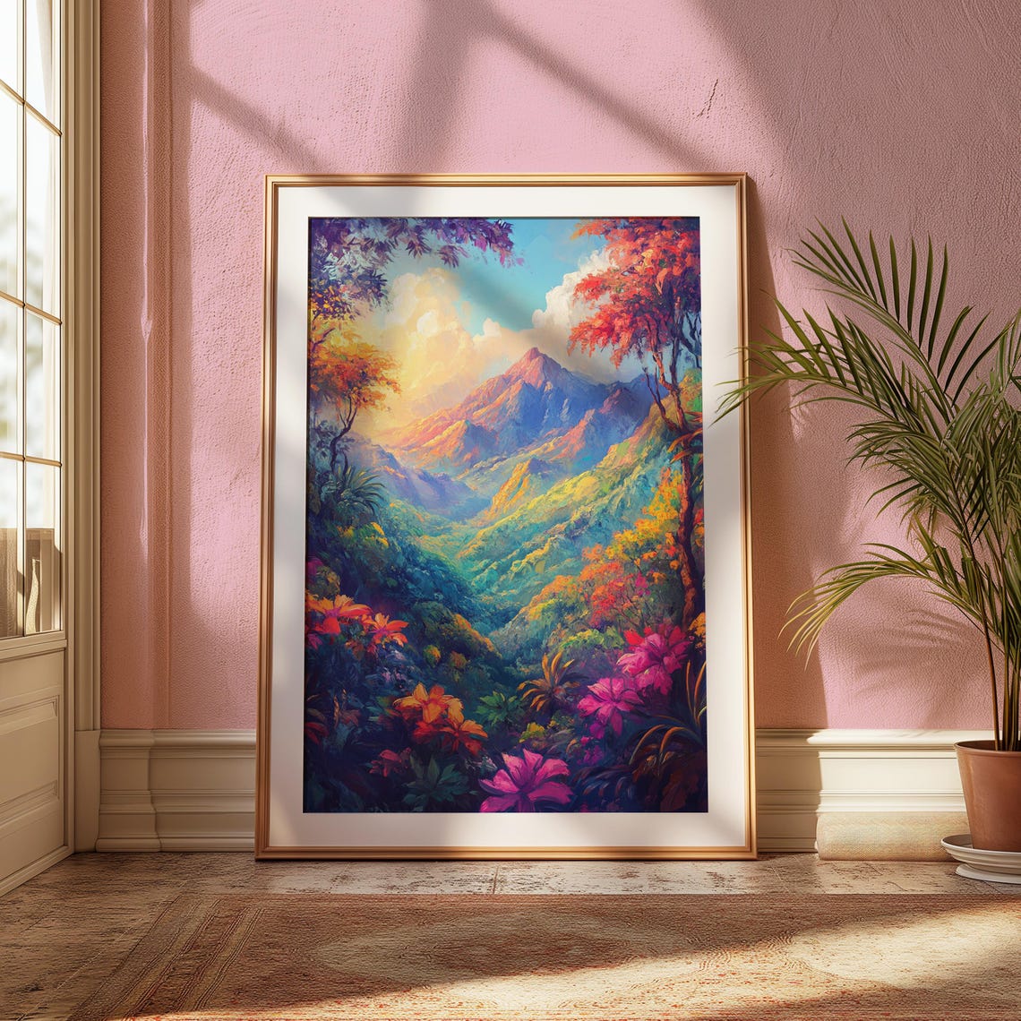 Lush Tropical Jungle Valley Mountain View Colorful Art Print - Image 2