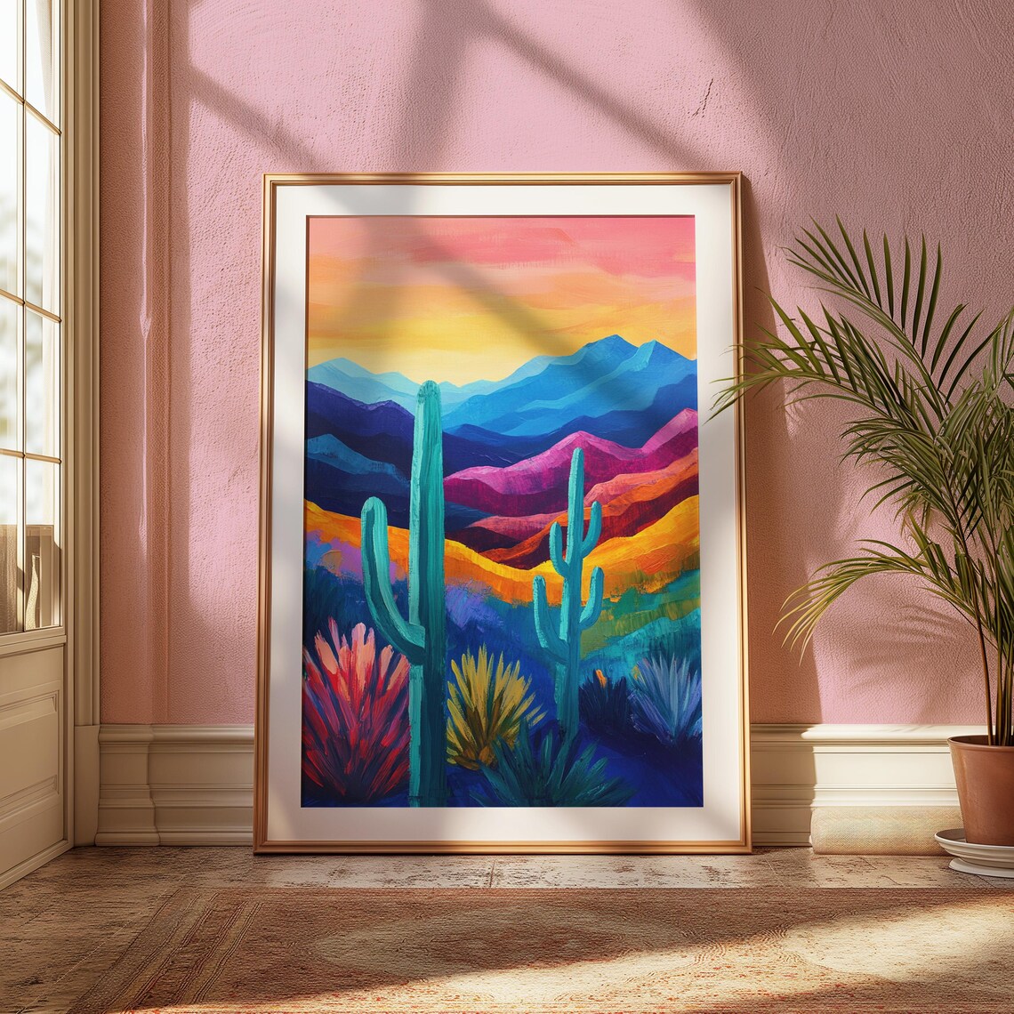 Desert Sunset Twin Saguaro Cacti Purple Mountains Colorful Southwest Poster - Image 2