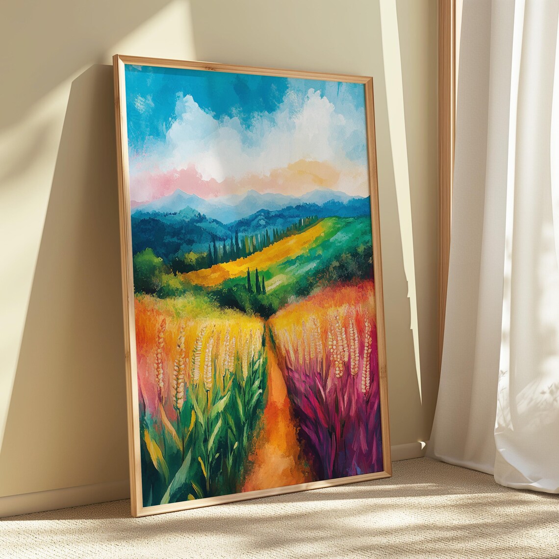 Golden Wheat Field Path Rolling Green Hills Blue Mountains Sunny Landscape Poster - Image 5