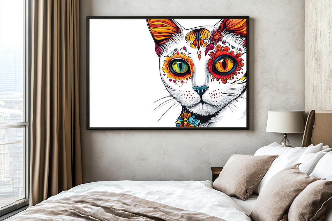 Artistic Day Of The Dead Cat With Sugar Skull Eye Patterns Poster - Image 2
