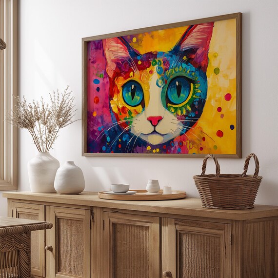 Boho Folk Art Cat Face Big Teal Eyes Flower Patterns Colorful Cat Poster