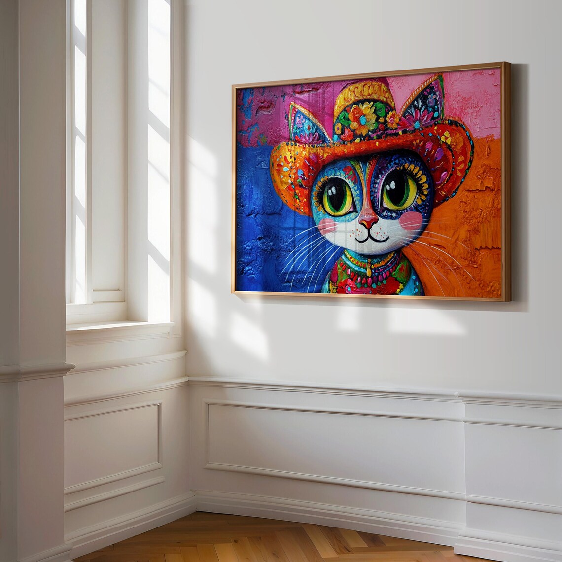 Mexican Folk Art Cat Wearing Floral Sombrero Day of Dead Style Cat Poster - Image 3