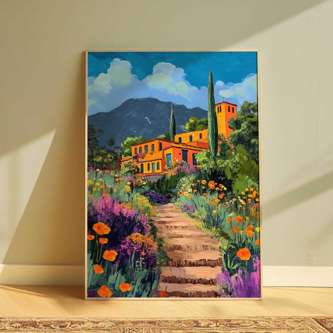 Orange Hacienda Bell Tower Cypress Trees Flower Steps Art Print