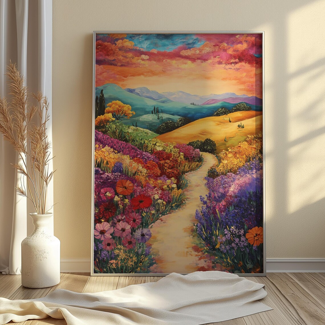 Flower Lined Path Sunset Hills Poppies Lavender Romantic Landscape Poster - Image 4