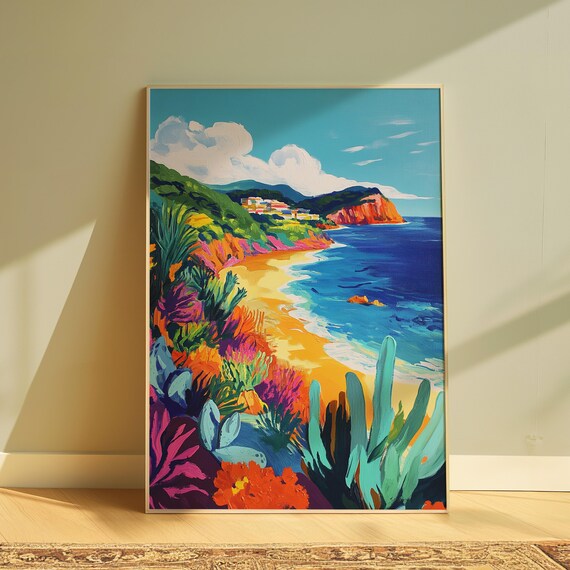 Colorful Coastal Beach Golden Sand Blue Sea Green Hills Cliff View Landscape Poster