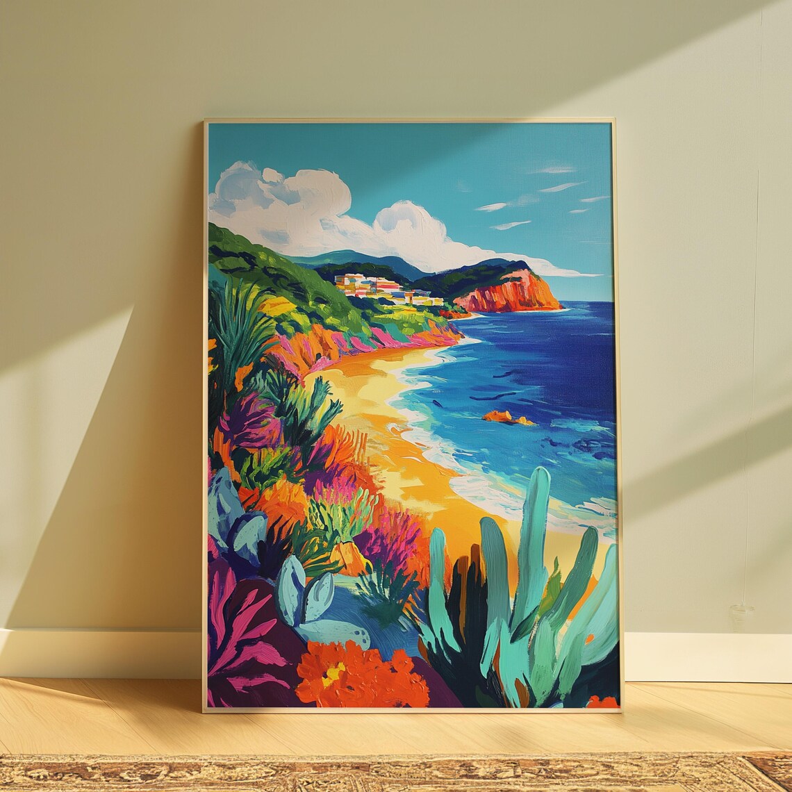Colorful Coastal Beach Golden Sand Blue Sea Green Hills Cliff View Landscape Poster