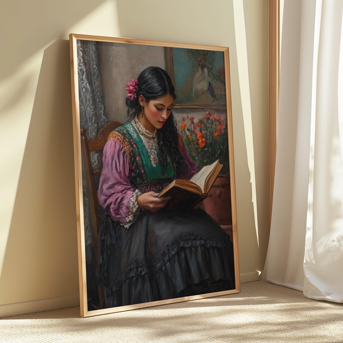 Traditional Mexican Dress Woman Reading Book Pink Flower Interior Poster - Image 4