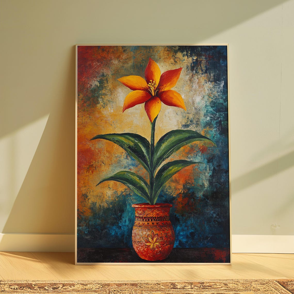 Orange Lily Terracotta Pot Rustic Folk Still Life Floral Poster