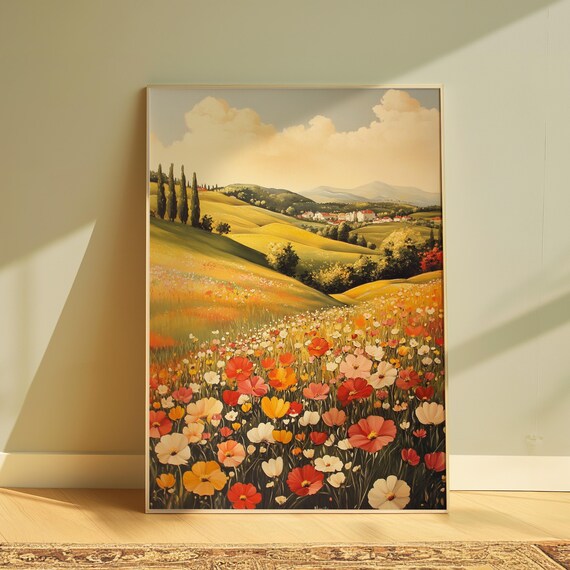 Tuscan Rolling Hills Cypress Trees Village Wildflower Field Golden Poster