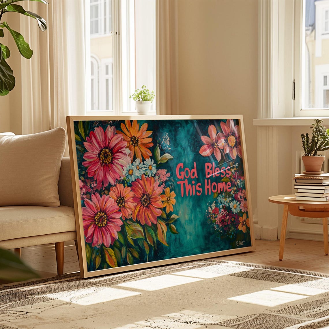 God Bless This Home Pink Daisy Teal Bold Script Floral Poster - Image 4