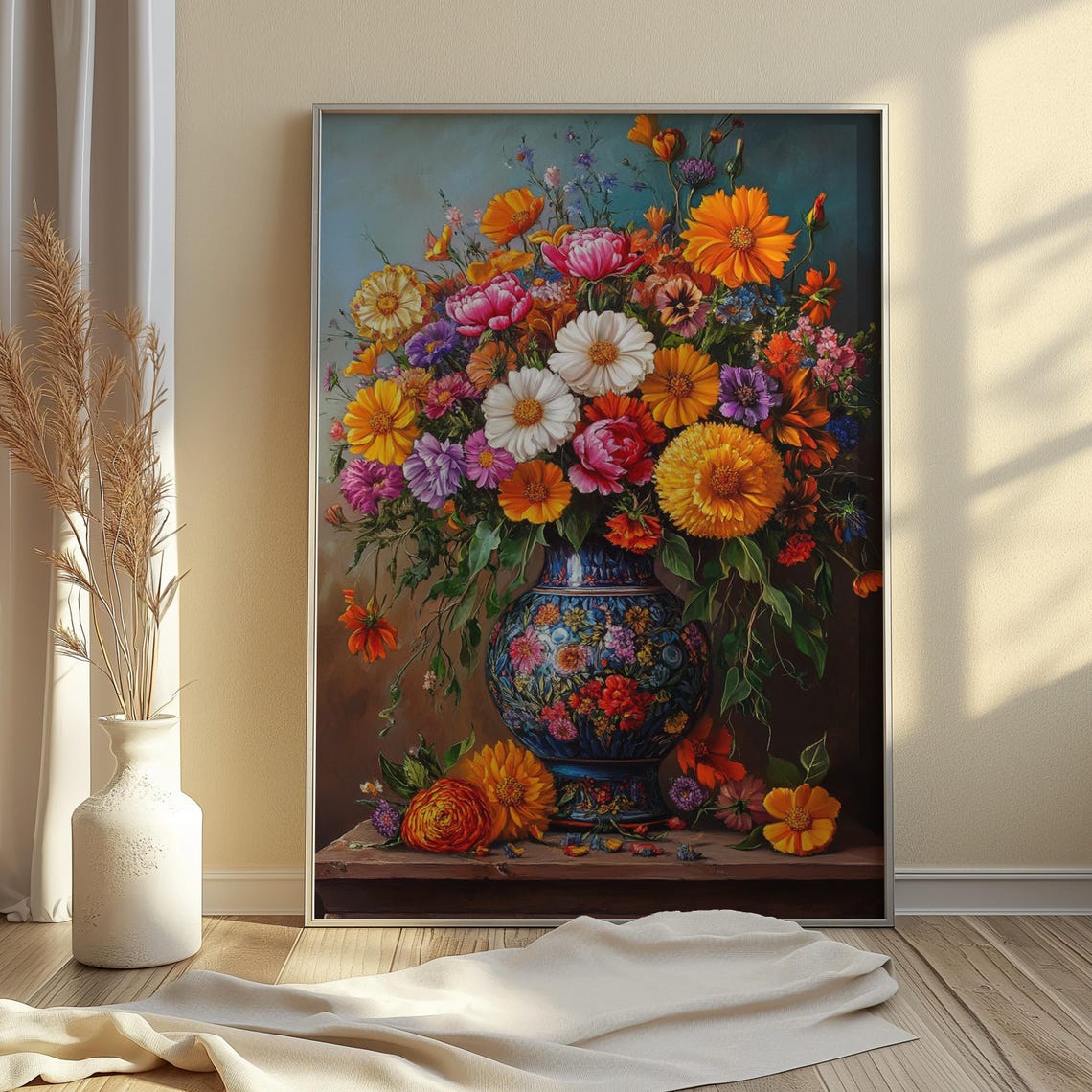 Vibrant Wildflower Bouquet Ornate Blue Vase Ledge Teal Garden Poster - Image 3