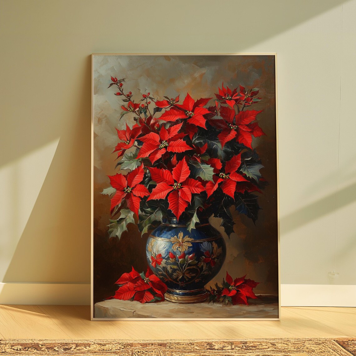 Red Poinsettia Dark Blue Ornate Vase Moody Christmas Art Poster