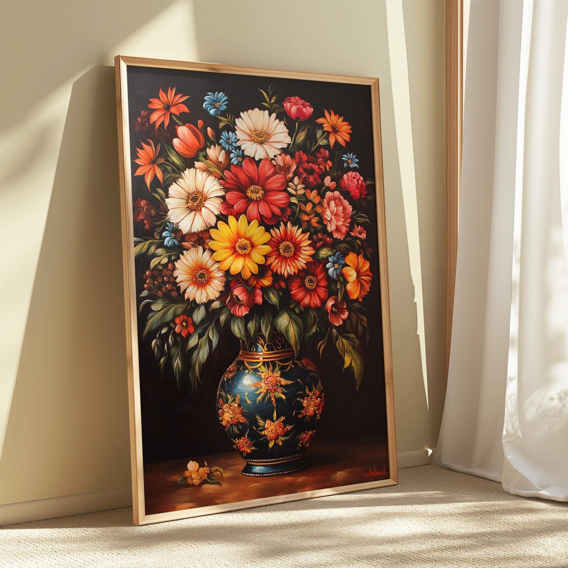 Classic Garden Bouquet Red White Daisies Dark Blue Floral Vase Poster - Image 5