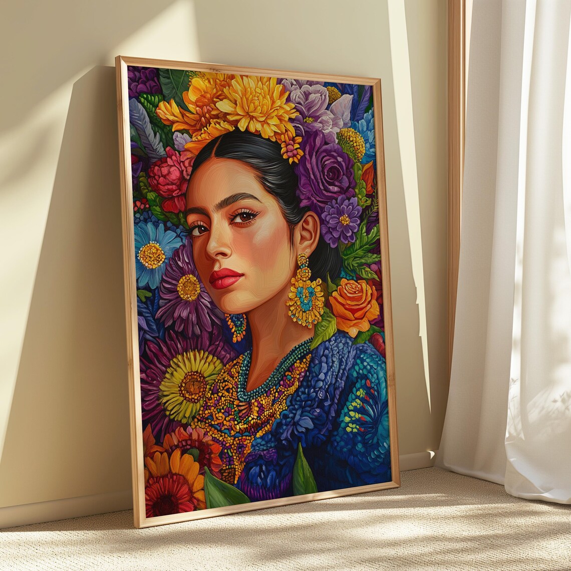 Vibrant Mexican Folk Portrait Woman Blue Dress Gold Jewelry Floral Poster - Image 4