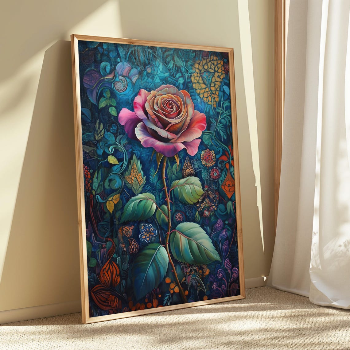 Blush Pink Rose Teal Ornamental Garden Floral Painting Poster - Image 5