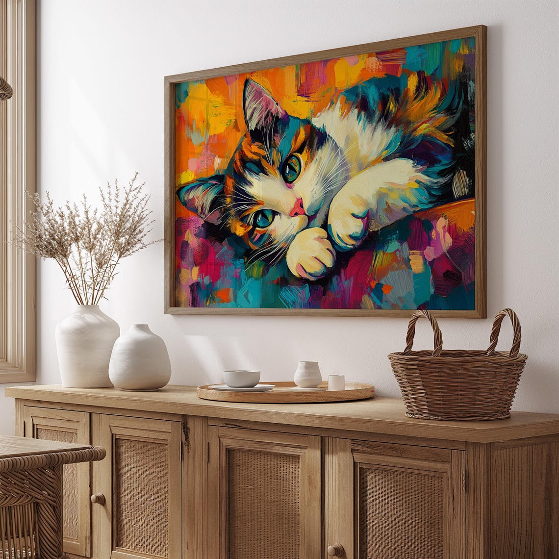 Calico Cat Resting Head on Paws Teal Eyes Abstract Colorful Art Poster