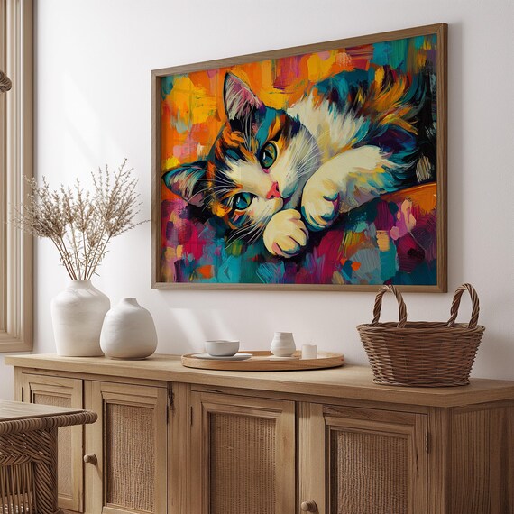 Calico Cat Resting Head on Paws Teal Eyes Abstract Colorful Art Poster
