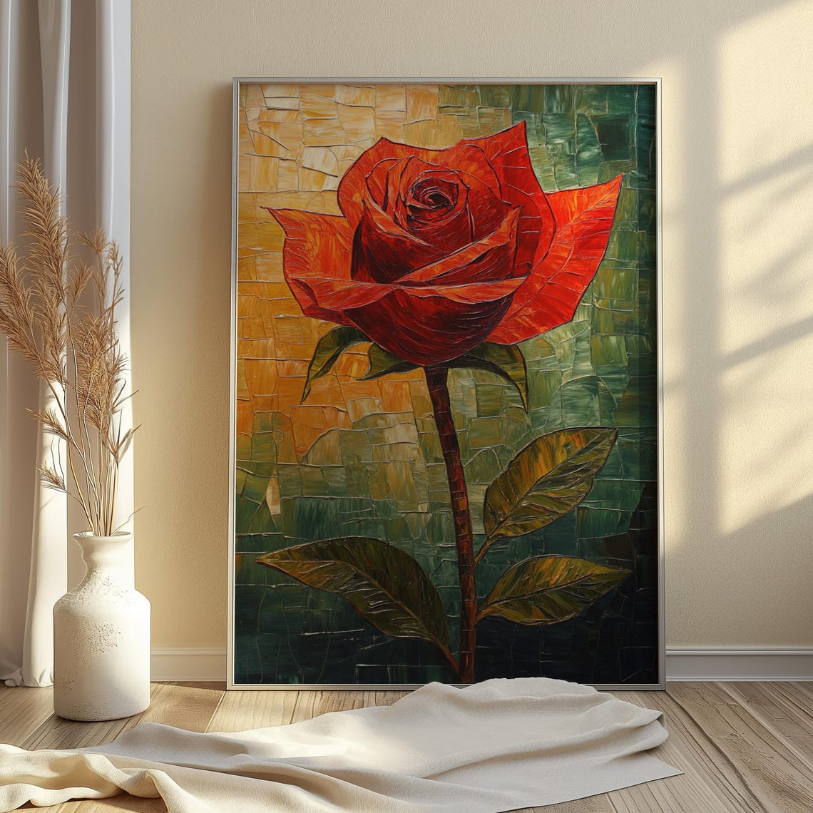 Red Orange Rose Long Stem Mosaic Tile Gold Green Textured Art Poster - Image 4
