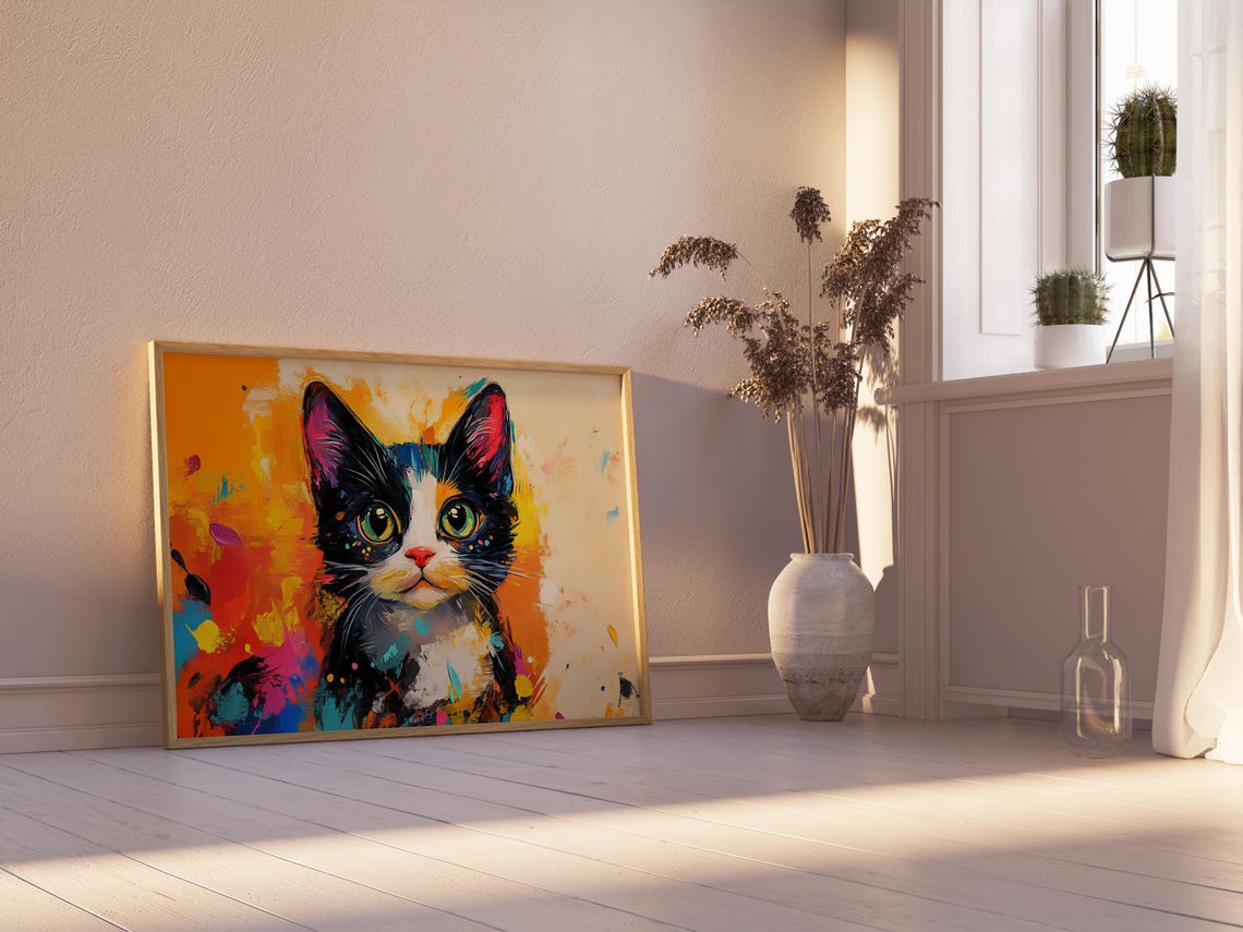 Tuxedo Cat Big Green Eyes Abstract Paint Splatter Background Poster - Image 2