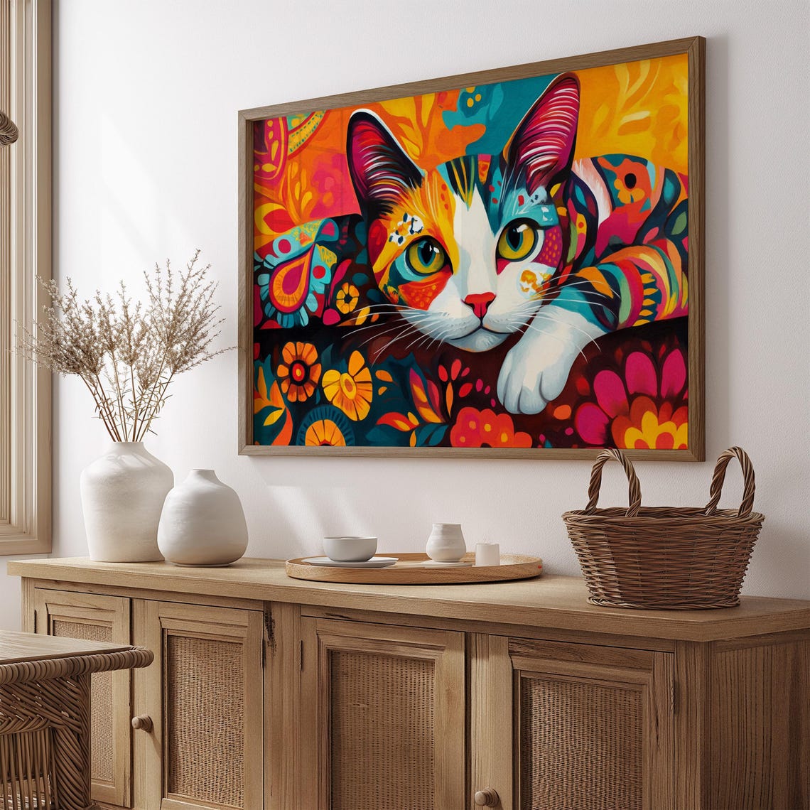 Calico Cat Reaching Paw Forward Dark Floral Orange Background Poster