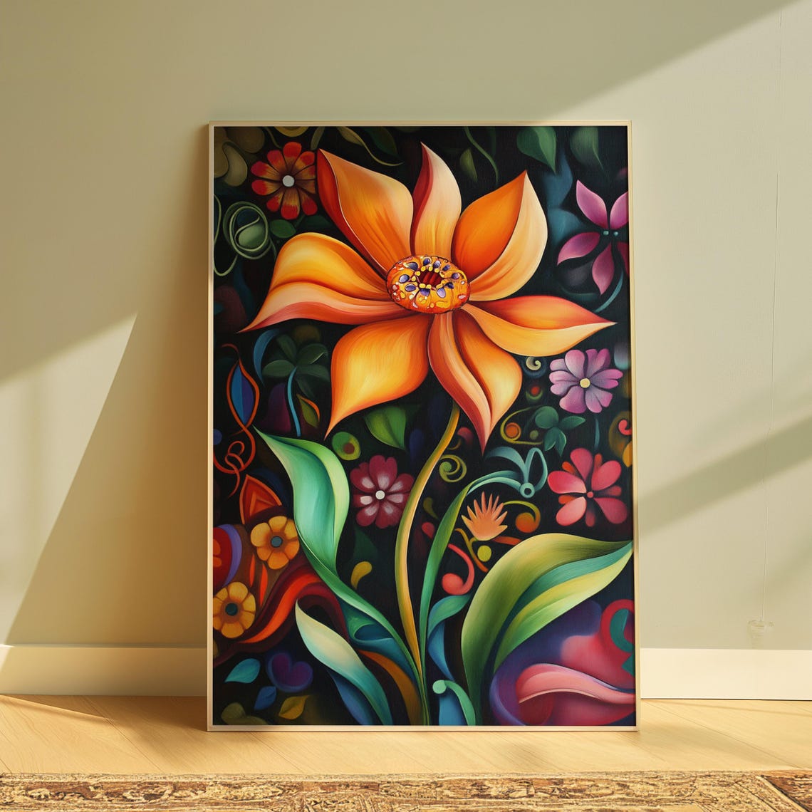 Giant Orange Star Bloom Night Garden Teal Enchanted Floral Poster