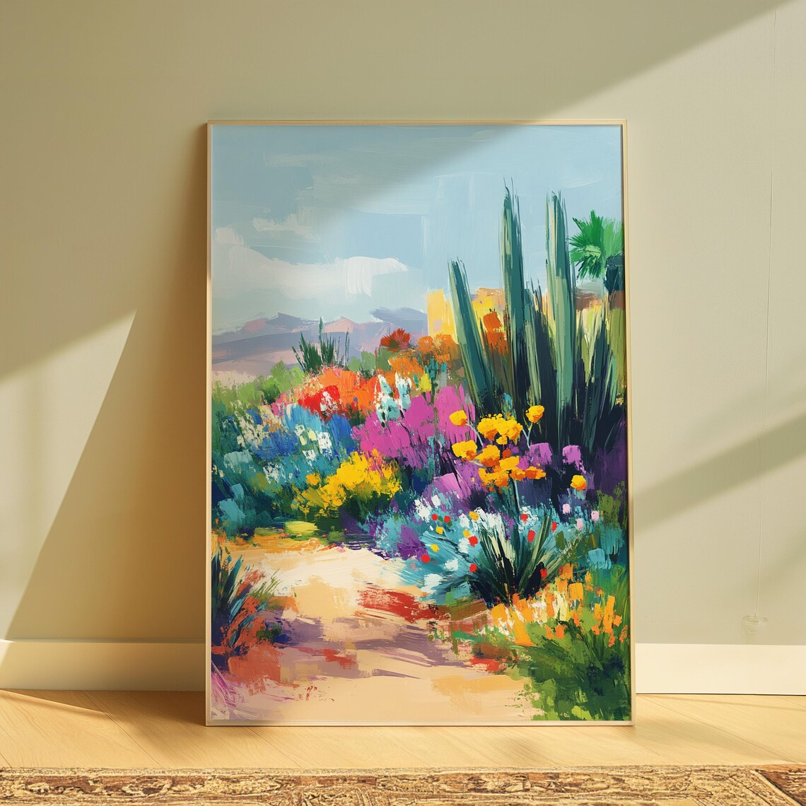 Soft Desert Garden Blooming Bushes Tall Cacti Sandy Path Pastel Landscape Poster