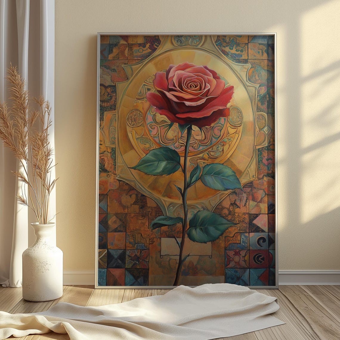 Red Rose Golden Medallion Azulejo Tile Background Romantic Poster - Image 4