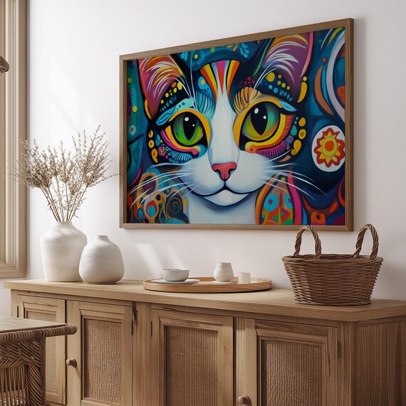 White Cat Huge Green Eyes Rainbow Psychedelic Pattern Face Art Poster