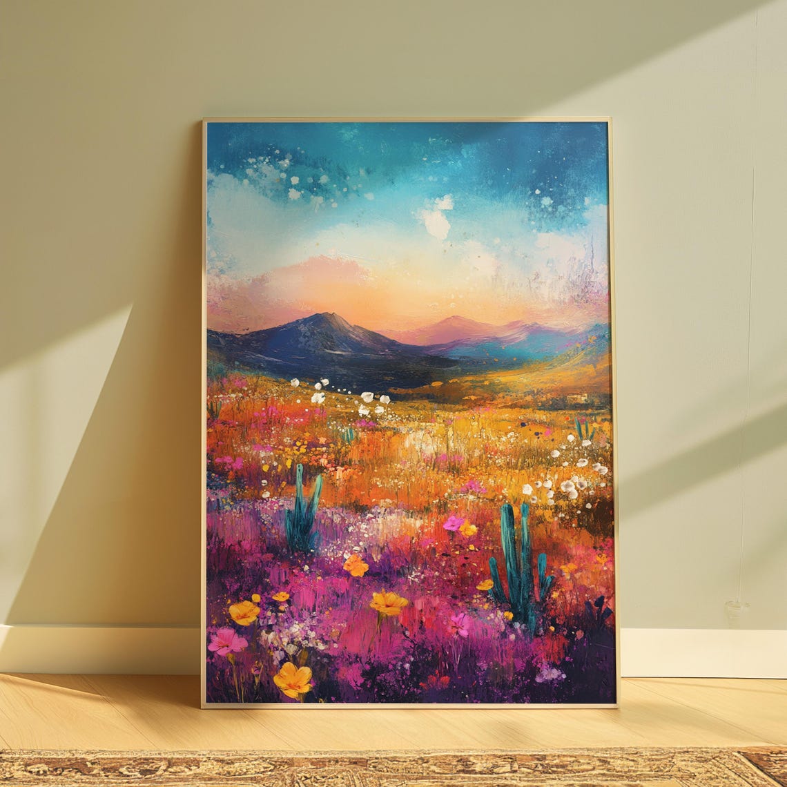 Desert Wildflower Meadow Cacti Mountain Dusk Colorful Art Print