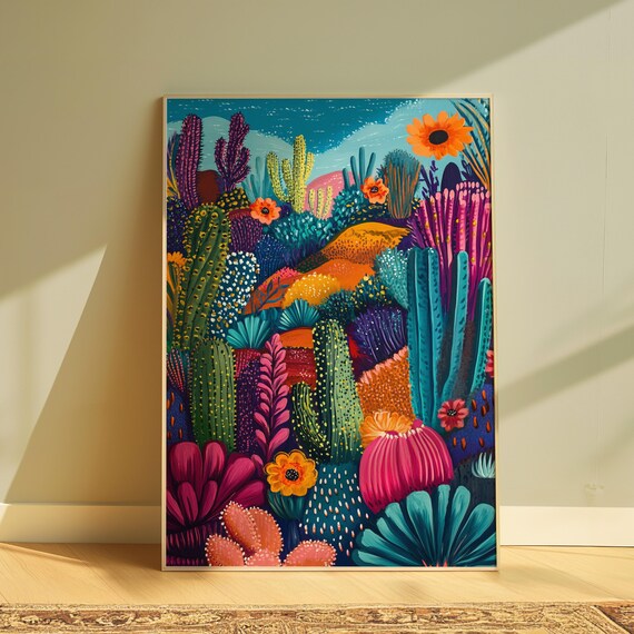 Colorful Cactus Garden Night Sky Blooming Succulents Whimsical Botanical Poster