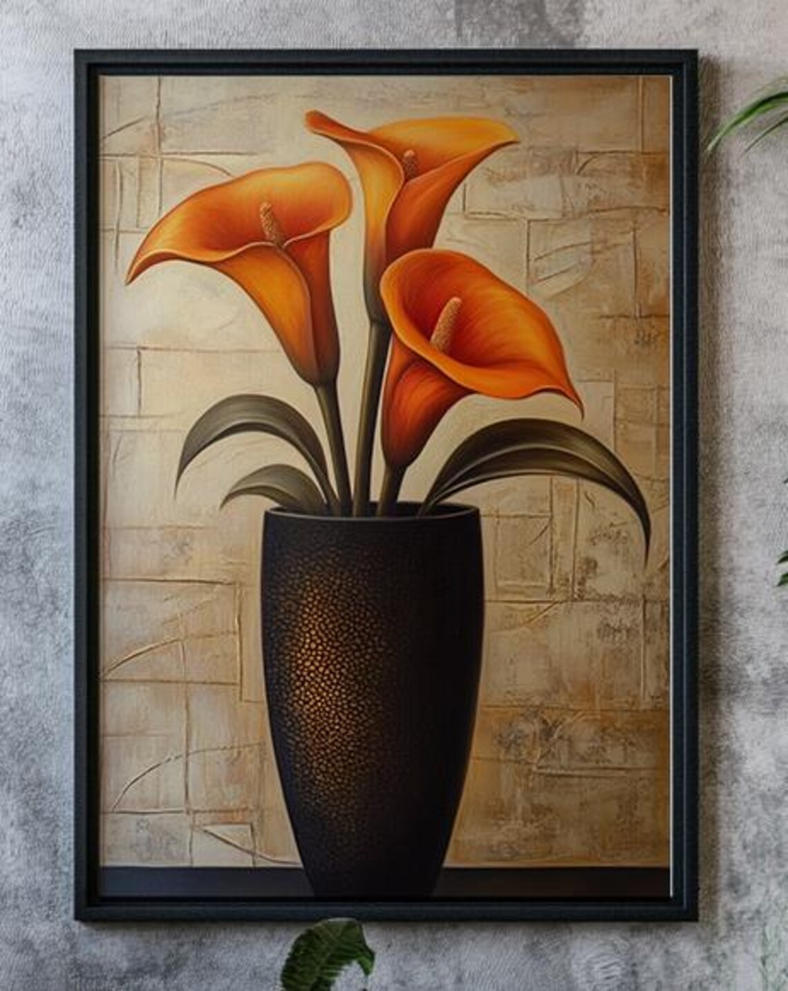 Orange Calla Lilies Black Vase Minimalist Modern Floral Art Poster