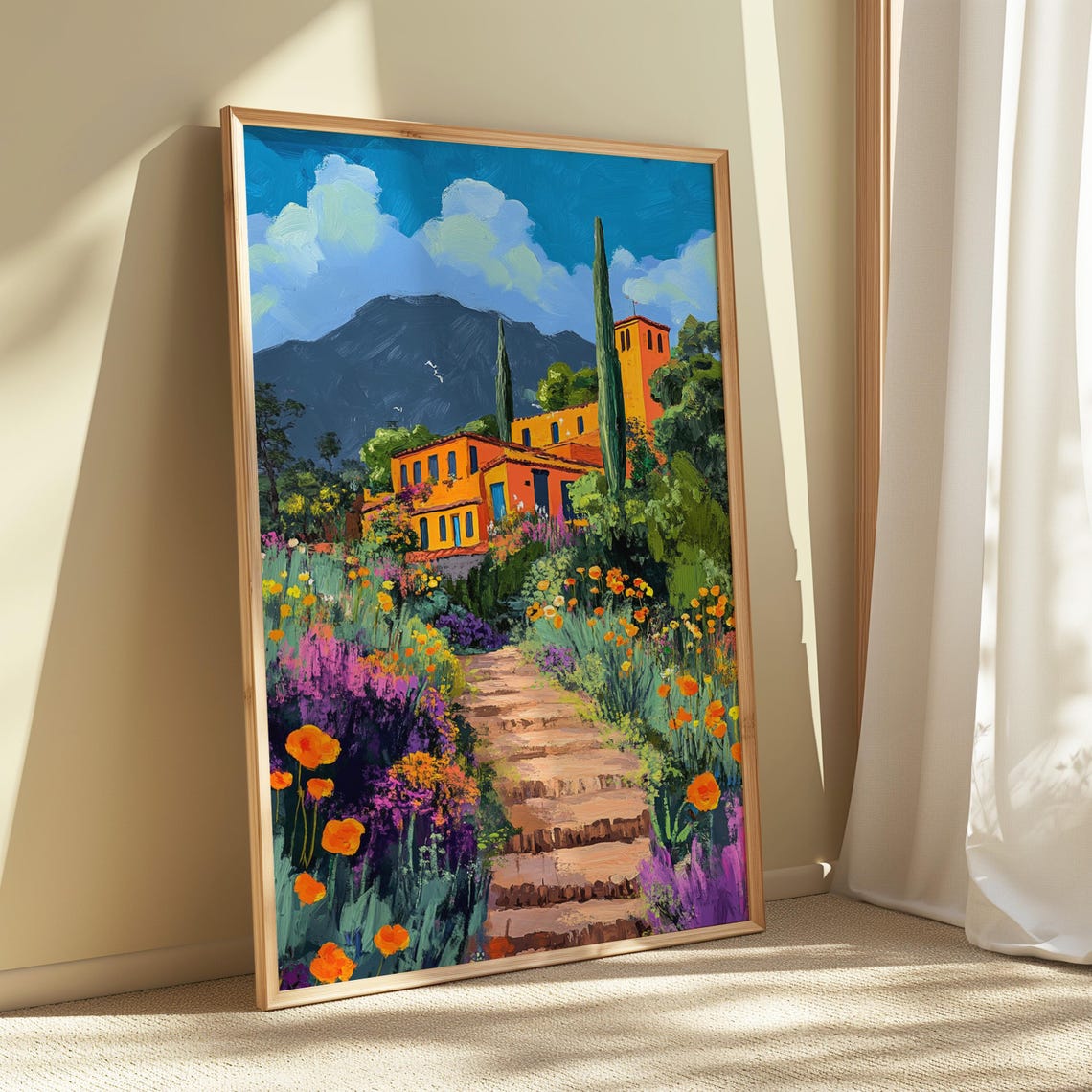 Orange Hacienda Bell Tower Cypress Trees Flower Steps Art Print - Image 5