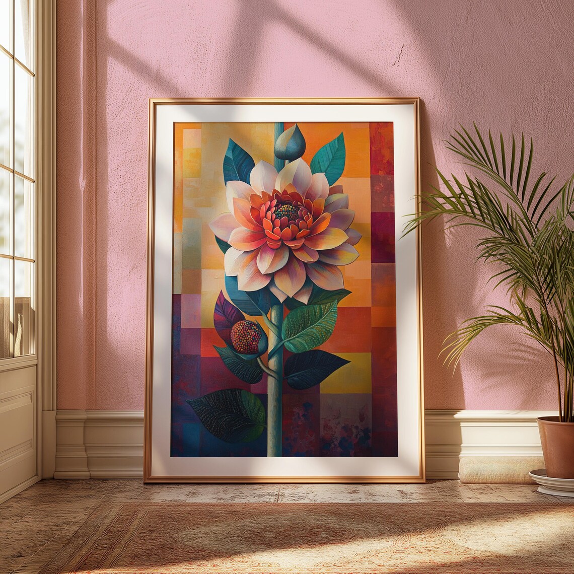 Pink Orange Dahlia Color Block Background Botanical Floral Poster - Image 2