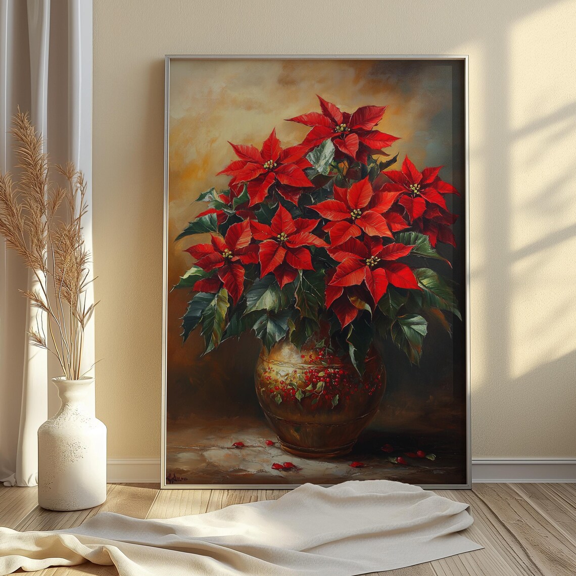 Red Poinsettia Copper Vase Moody Christmas Floral Still Life Poster - Image 3