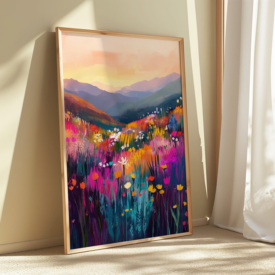 Colorful Wildflower Meadow Mountains Sunrise Landscape Painting Poster - Image 5