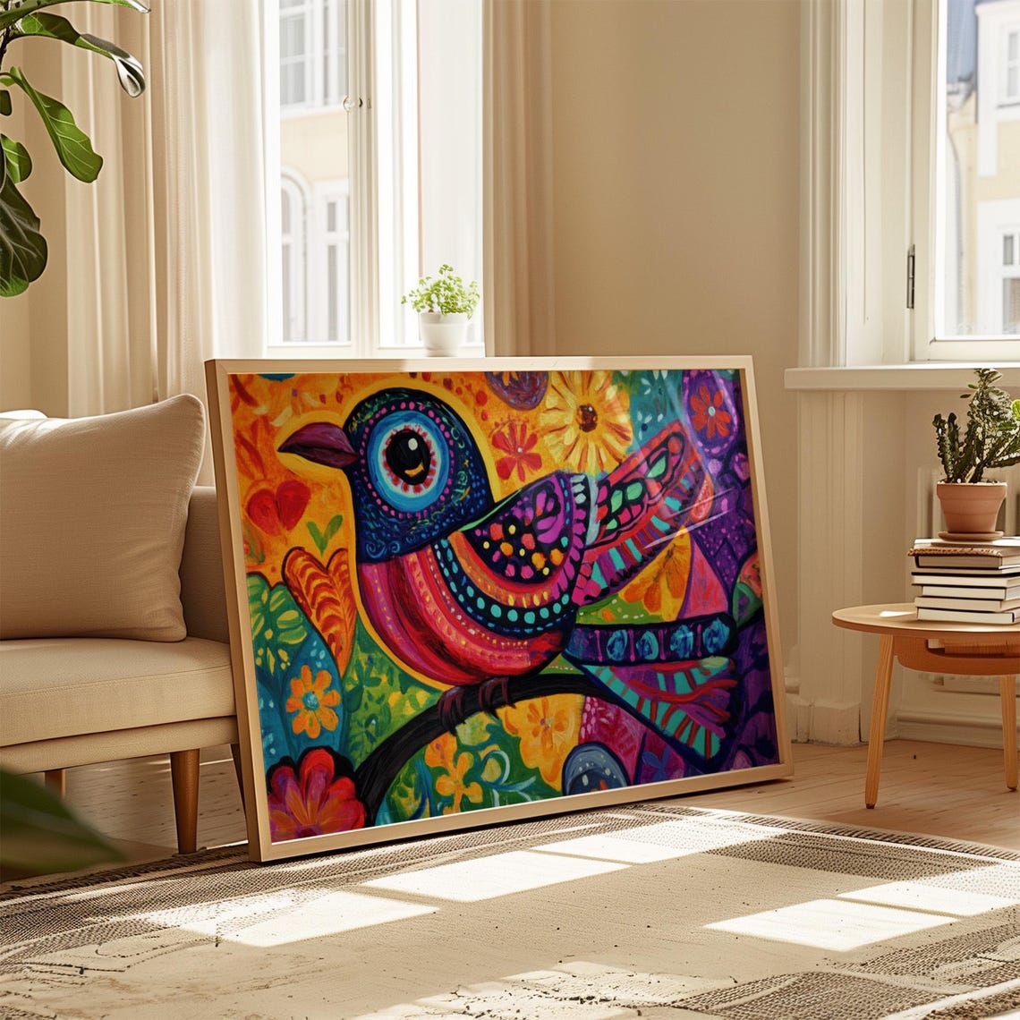 Magenta Folk Art Bird Raised Wing Floral Fiesta Wall Art Print - Image 4