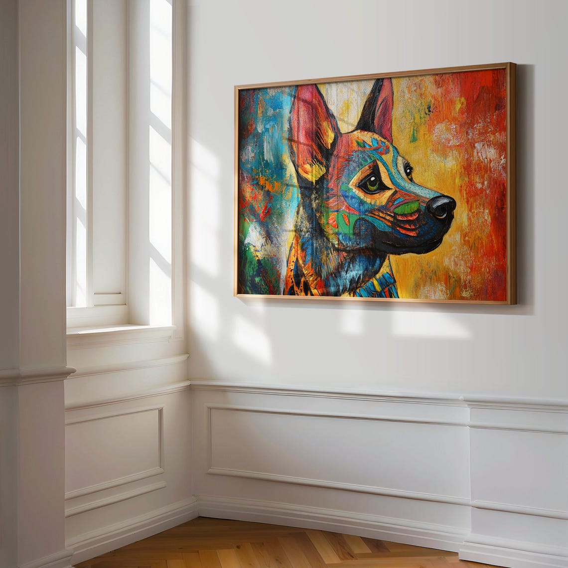 Colorful Painted Dog Profile Shepherd Folk Art Red Teal Poster - Image 3