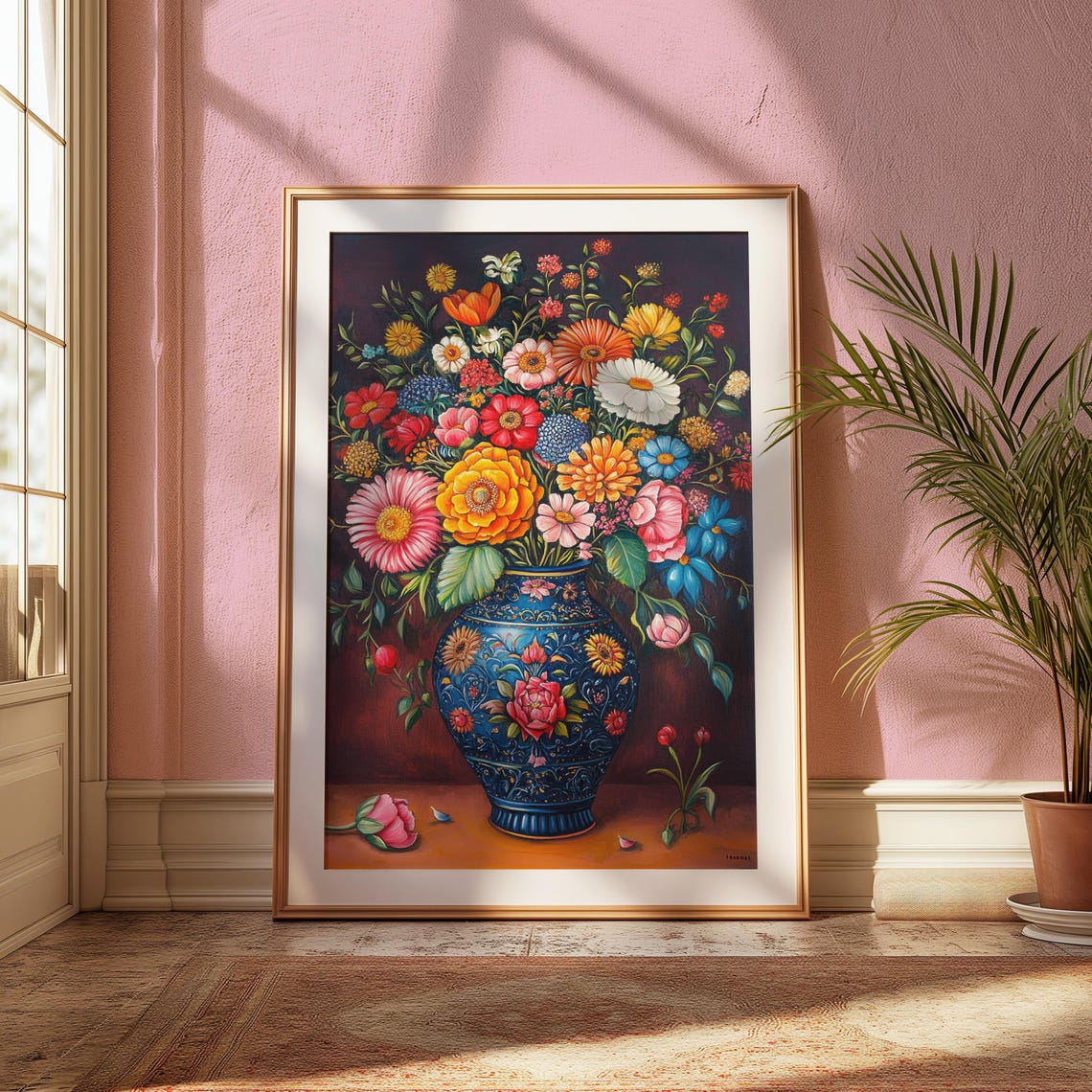 Abundant Mixed Floral Bouquet Large Ornate Blue Vase Rich Dark Poster - Image 2