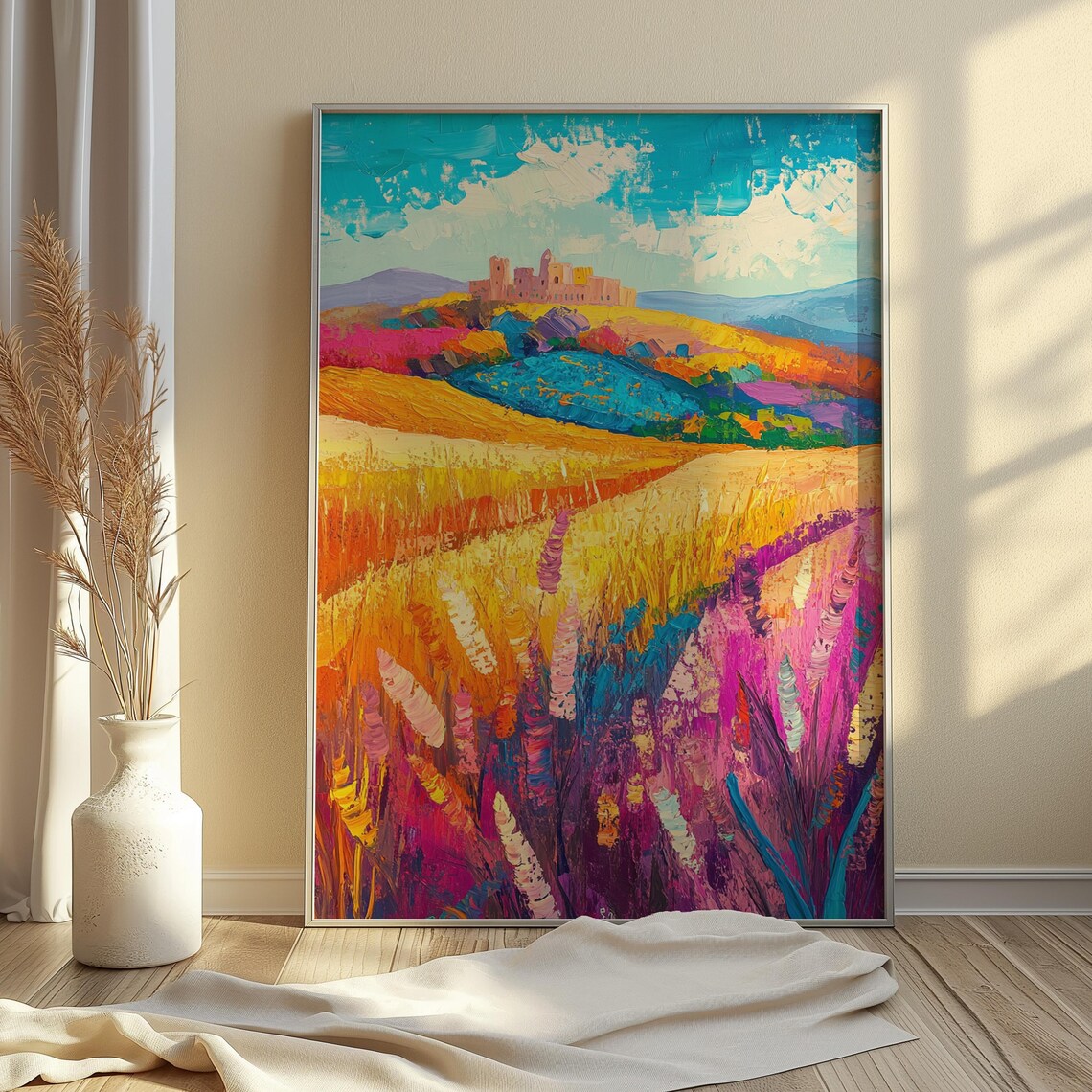 Golden Wheat Fields Pink Blooms Distant Mission Hill Turquoise Sky Landscape Poster - Image 4