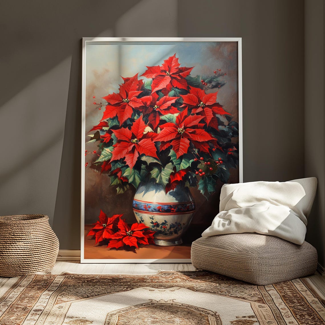 Red Poinsettia Berries Banded Vase Classic Christmas Still Life Poster - Image 4