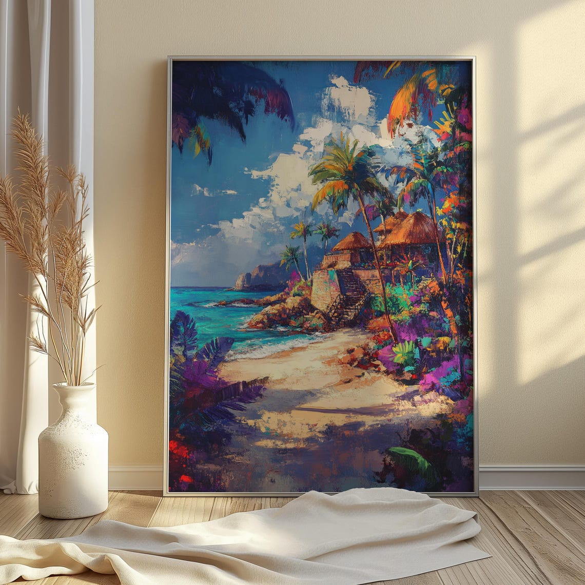 Tropical Beach Palm Trees Ocean View Colorful Coastal Art Print - Image 3
